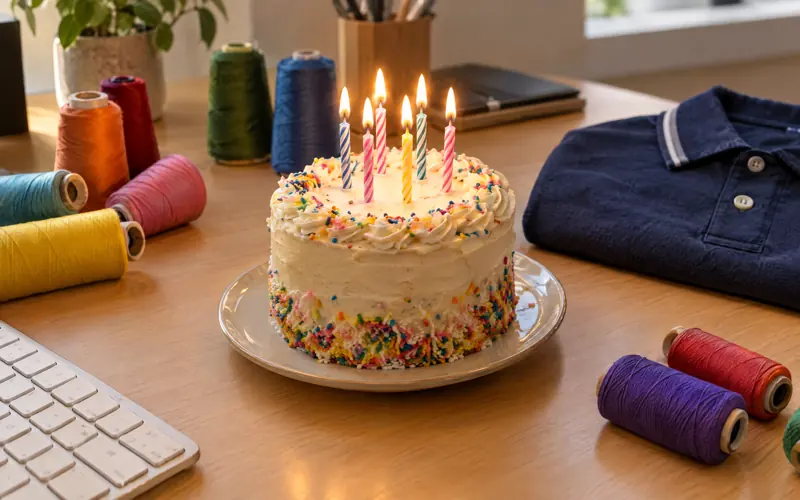 A birthday cake with lit candles on a desk among thread cones and a folded polo shirt
