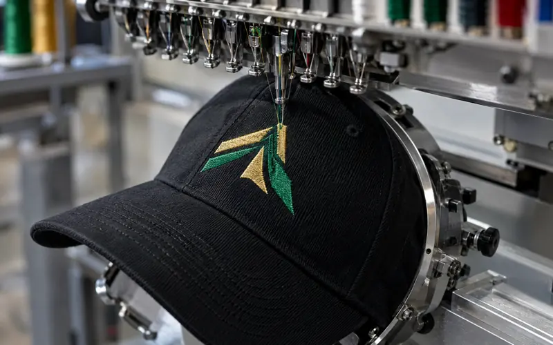 A structured cap clamped into a cap frame under the needle case of a multi-needle embroidery machine