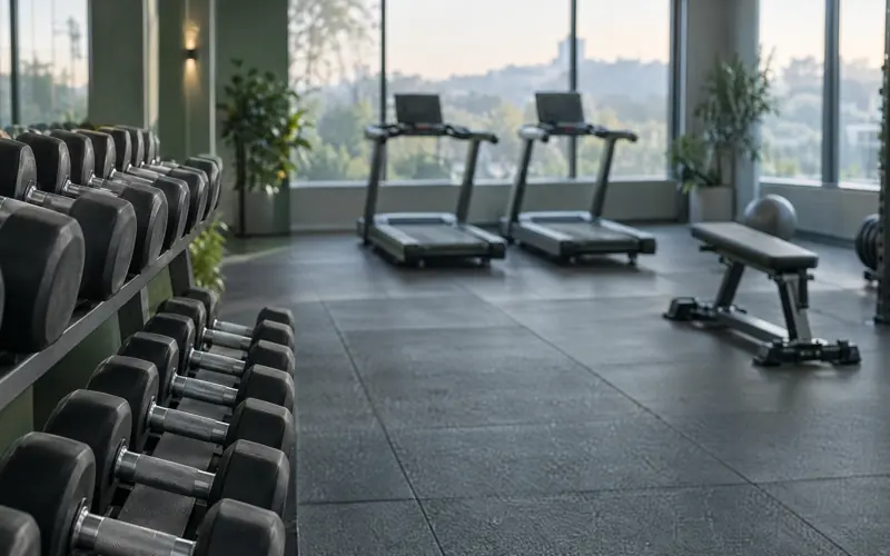 A rack of dumbbells in an empty gym with morning light through tall windows