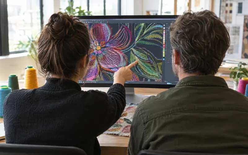 Two people seen from behind at one monitor, one pointing at a detail in a stitch file
