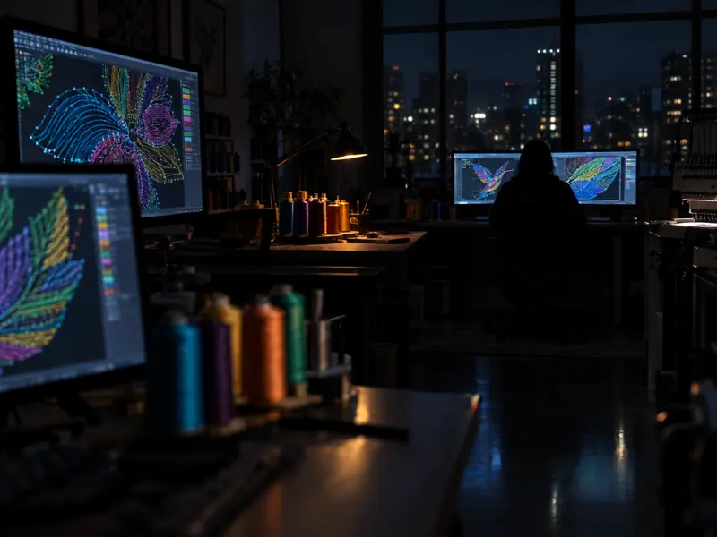A digitizing studio at night, lit only by monitors showing coloured stitch paths