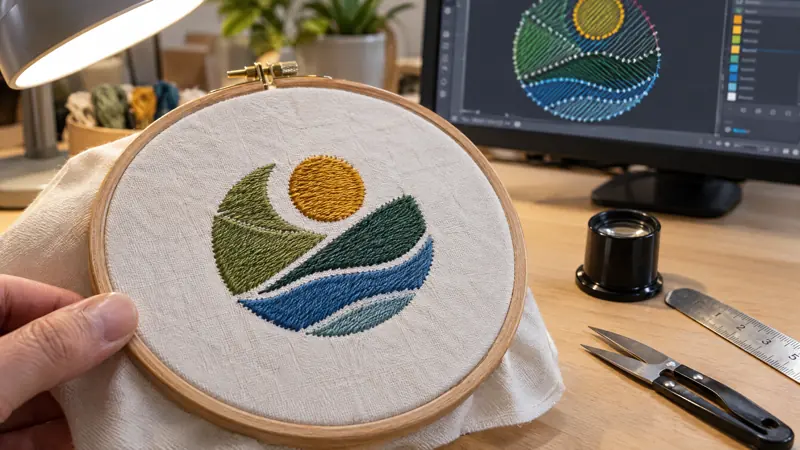 An embroidered sew-out held in a hoop under a desk lamp, beside a monitor showing the same design as stitch paths