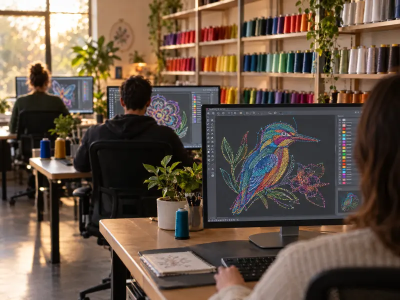 Rows of desks in a digitizing studio, each with a large monitor showing coloured stitch paths, and shelves of thread cones behind