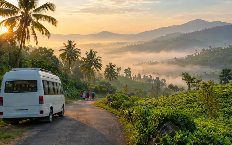 A minibus on a road winding through misty green hills at sunrise