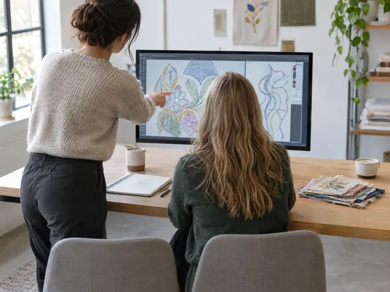 Two people at one screen reviewing a design, seen from behind, with fabric swatches and a notebook on the desk
