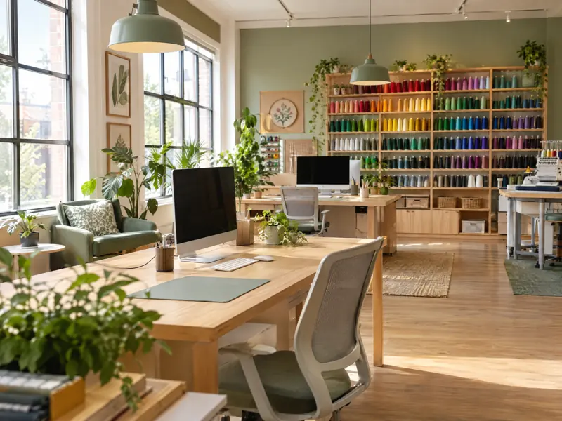 An open studio workspace with desks, plants and a wall of embroidery thread cones