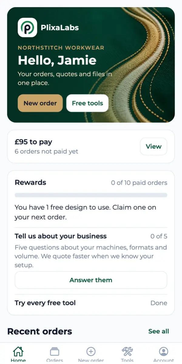 The PlixaLabs app home screen on Android, showing a customer's outstanding balance, rewards progress and recent orders.