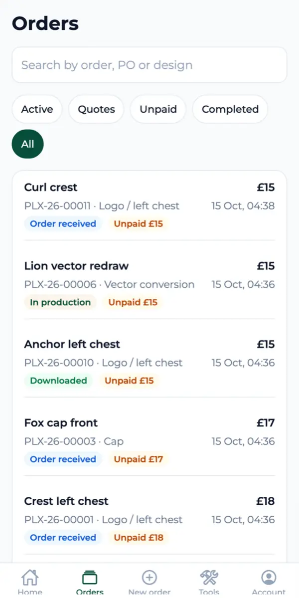 The orders list in the PlixaLabs Android app, with each order's stage, price and whether it is paid, filtered by active, quotes, unpaid or completed.