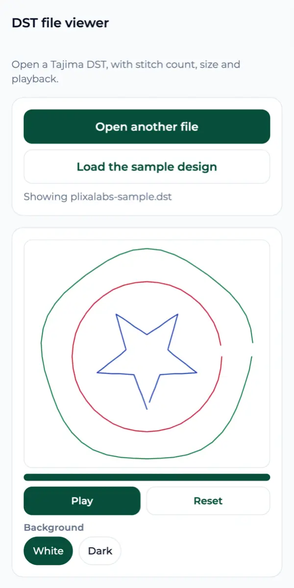 The DST file viewer in the PlixaLabs Android app, drawing a Tajima DST design with play, reset and a white or dark background.