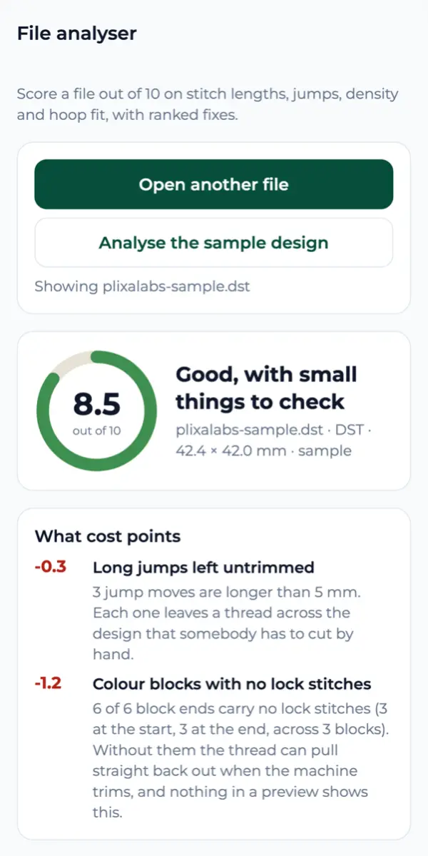 The embroidery file analyser in the PlixaLabs Android app, scoring a DST file 8.5 out of 10 and listing what cost points.
