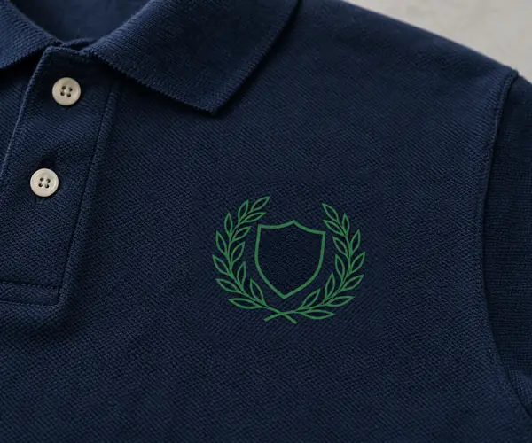 A navy polo shirt with a laurel and shield emblem on the left chest, shown first as flat line artwork and then sewn in green and gold thread