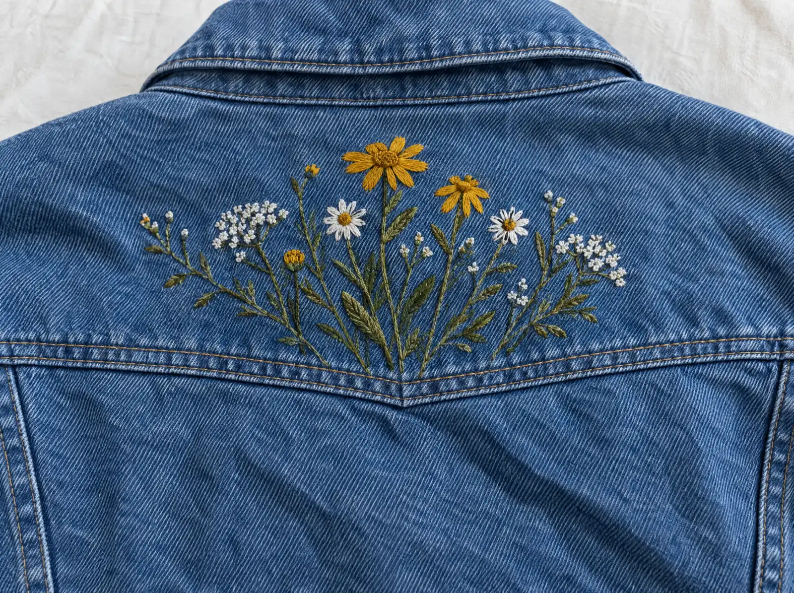 The back of a denim jacket with an embroidered wildflower design