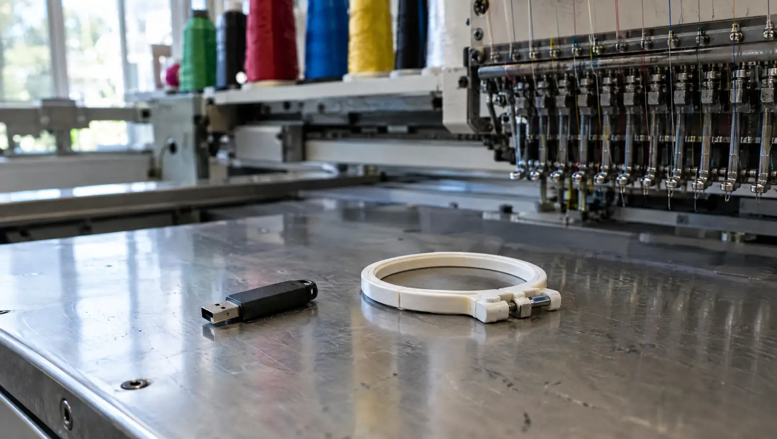 A USB flash drive and an embroidery hoop on the table of a multi-needle embroidery machine