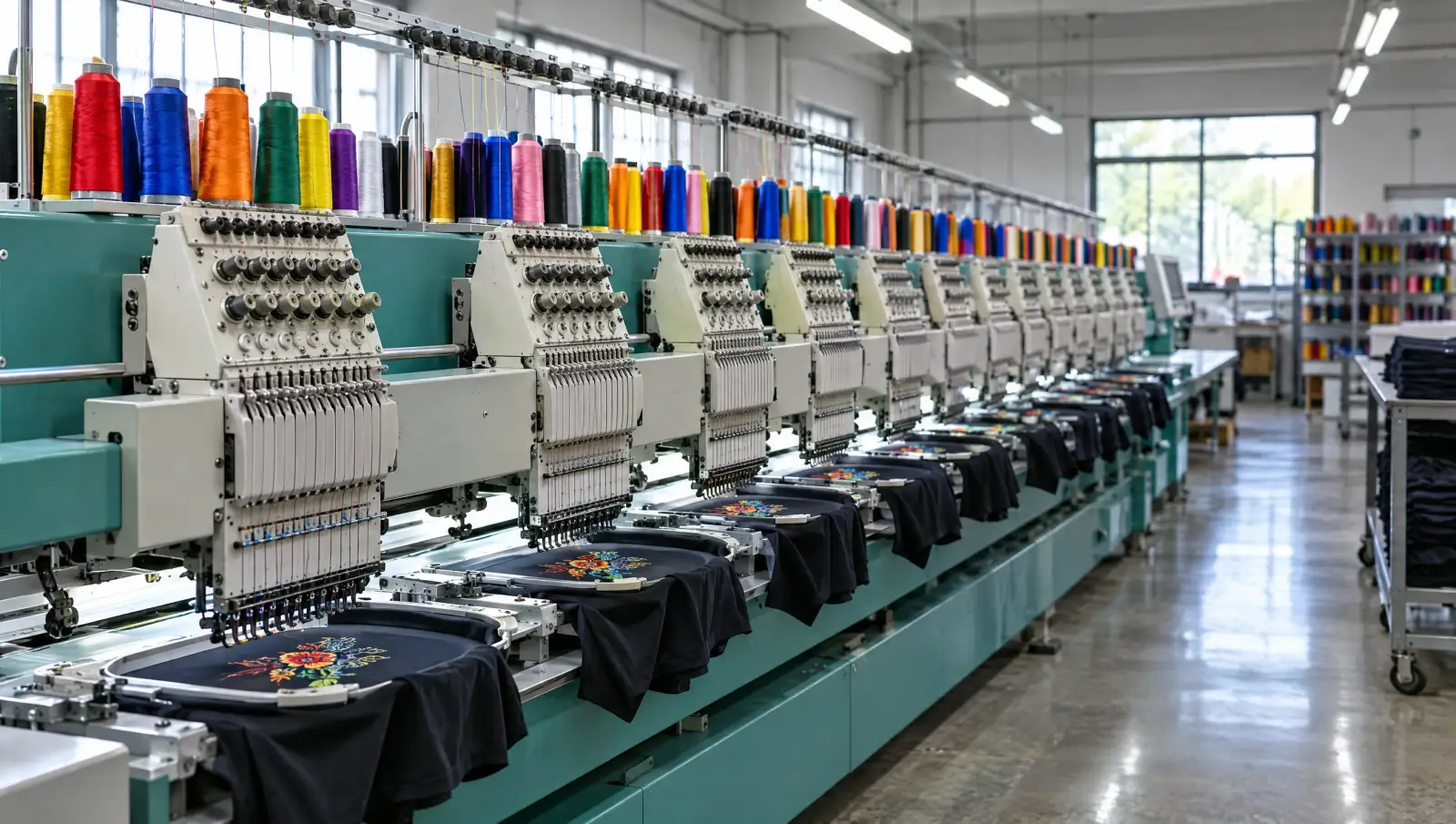 A row of multi-head commercial embroidery machines stitching designs on dark T-shirts