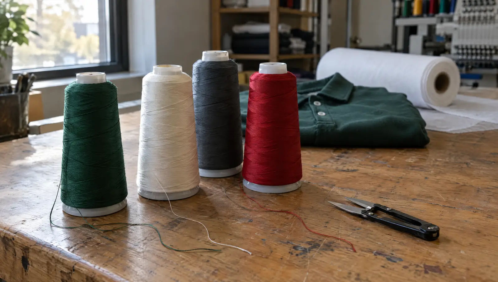 Embroidery thread cones on a workbench with a multi-needle embroidery machine in the background