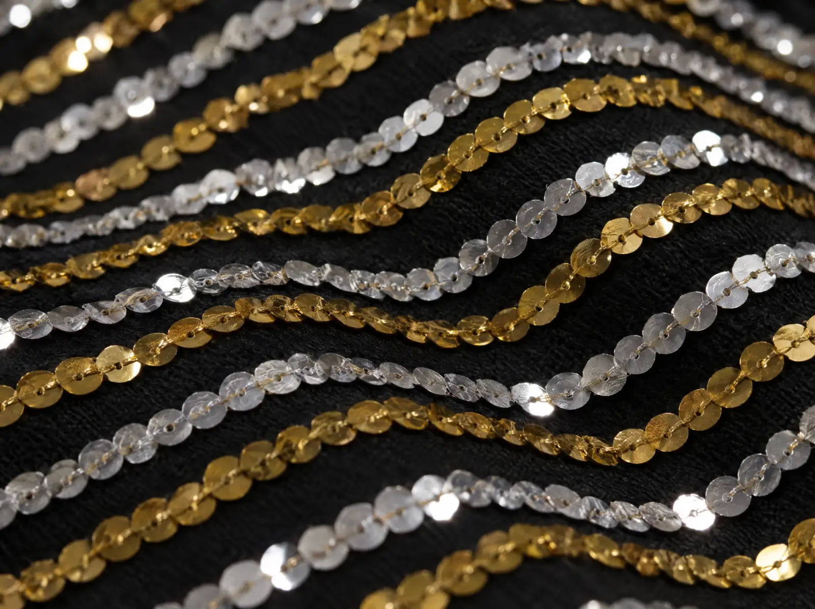 Rows of silver and gold sequins stitched onto black fabric