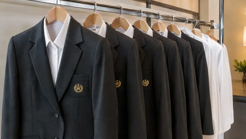 Uniform blazers on a rail with small embroidered crests on the breast pockets