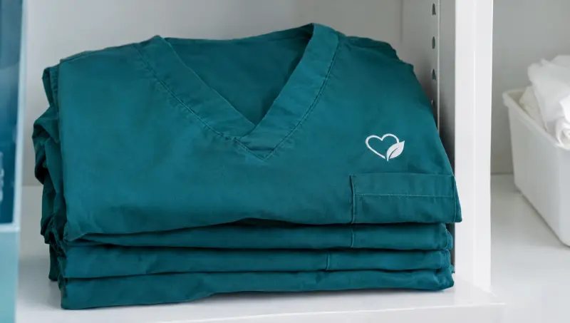 Folded teal scrub tops with a small embroidered emblem on the chest