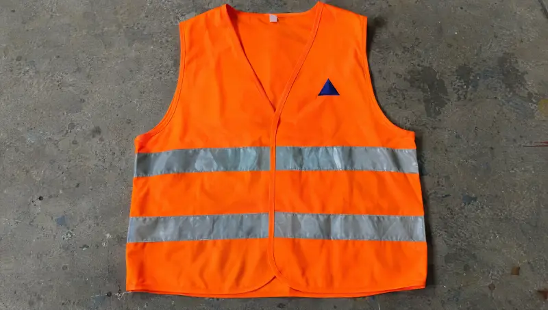 An orange hi-vis vest with a small embroidered emblem placed above the reflective tape