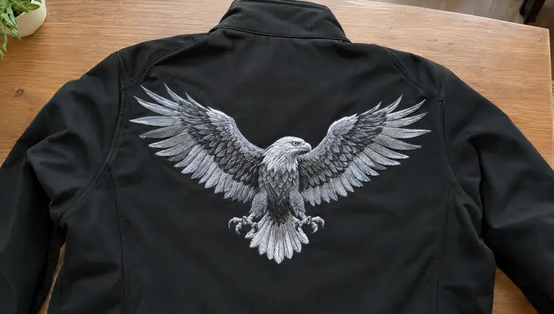 The back of a black softshell jacket with a large embroidered eagle