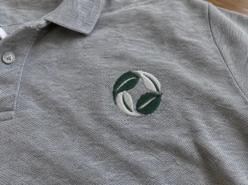 A heather grey pique polo with a small embroidered leaf logo on the left chest