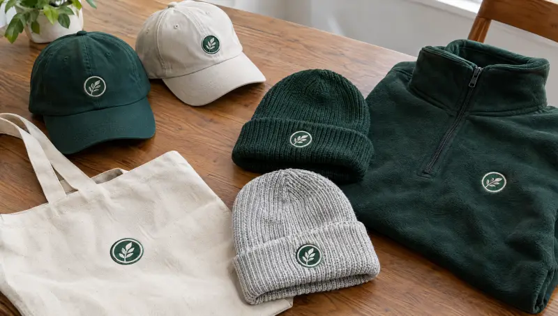 Caps, beanies, a tote and a fleece with the same small embroidered emblem