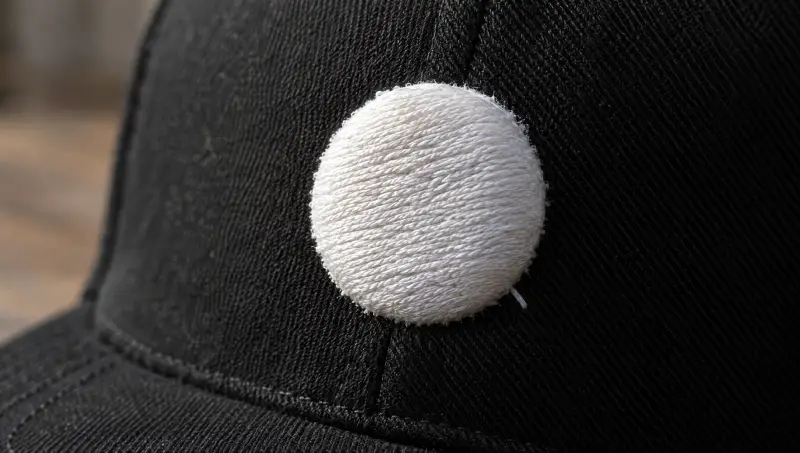 Close-up of a raised 3D puff embroidered circle on the front of a black cap
