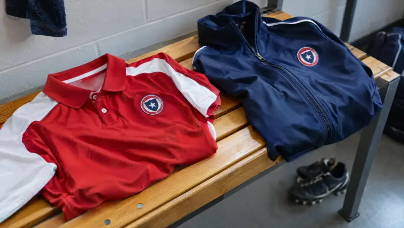 A club training polo and track jacket with embroidered badges on a changing room bench