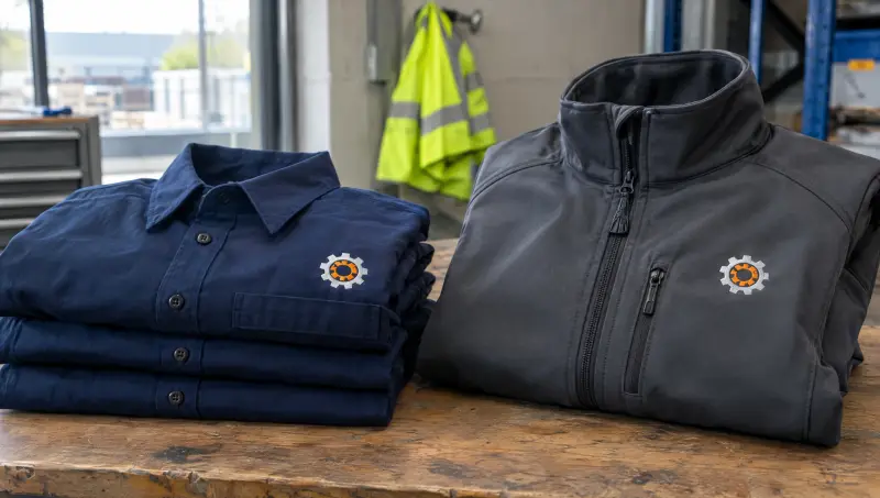 Navy work shirts and a softshell jacket with small embroidered chest emblems
